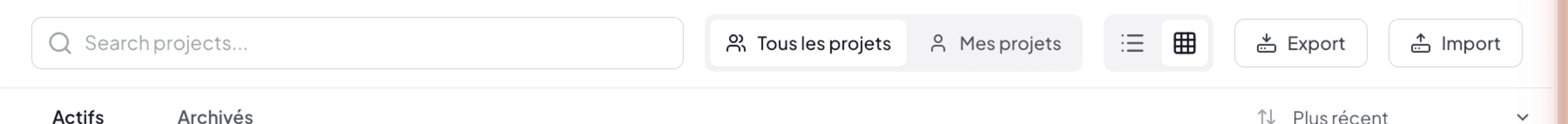 Barre supérieure des projets : tabs Actifs/Archivés, recherche et tri