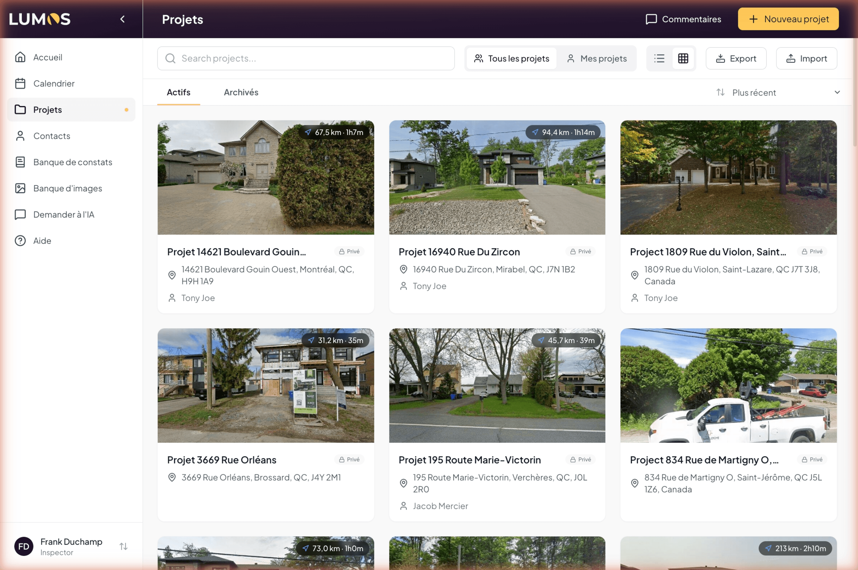 Grid view with project cards