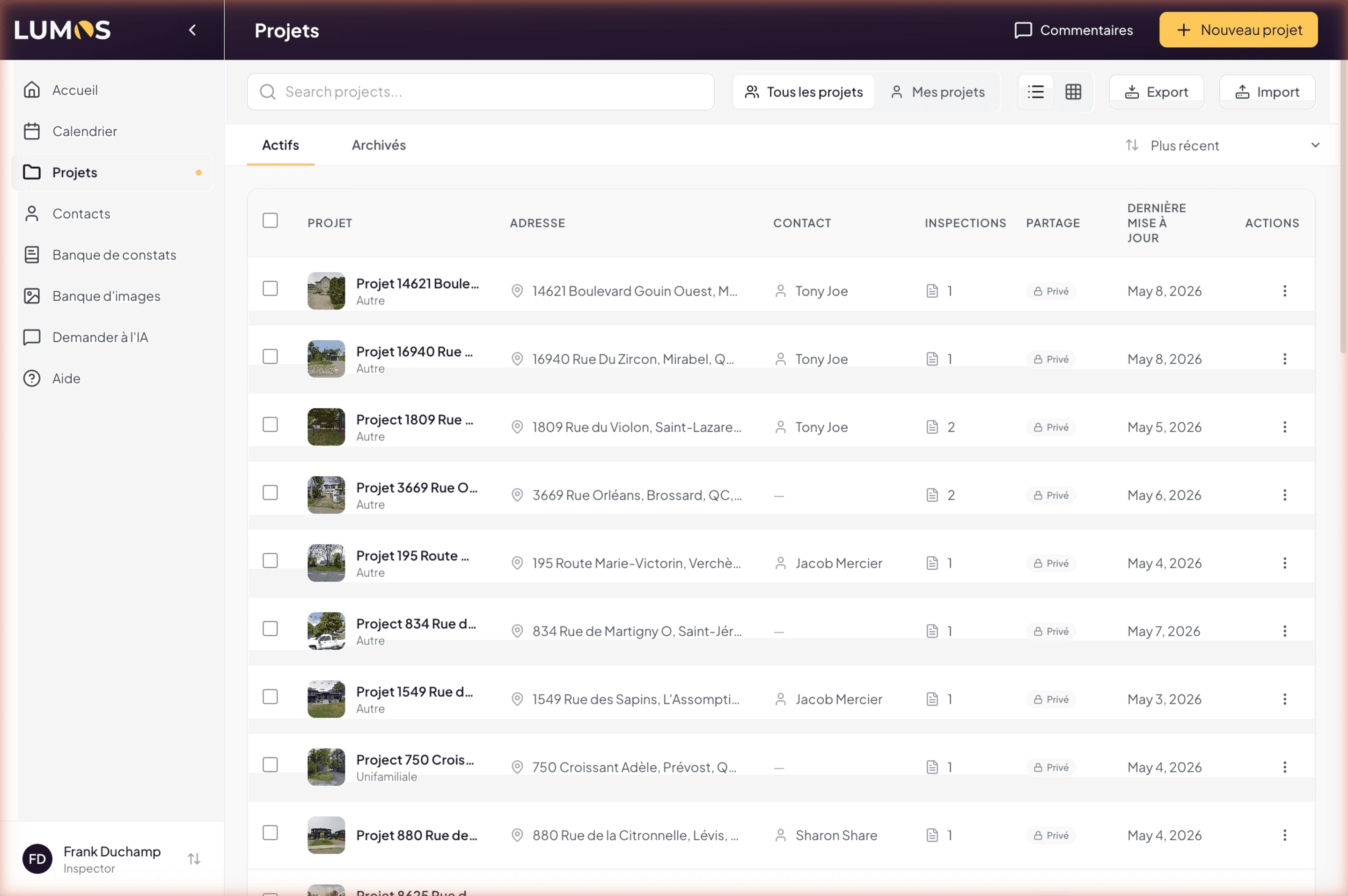 List view with columns Project, Address, Contact, Inspections, Sharing, Last updated, Actions