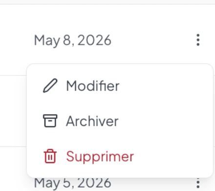 3-dot menu in list view with Edit / Archive / Delete options
