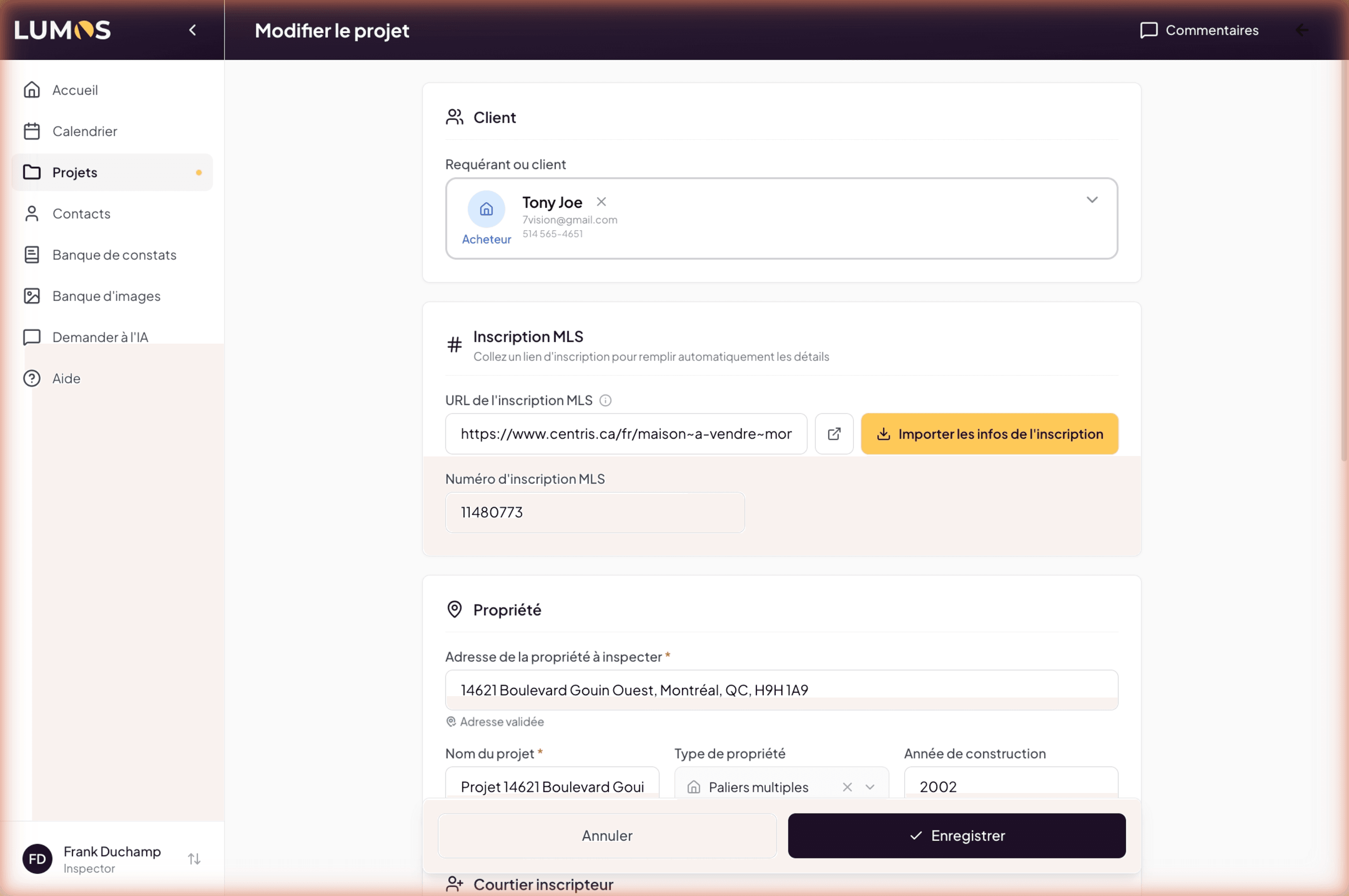 Project edit page with its fields