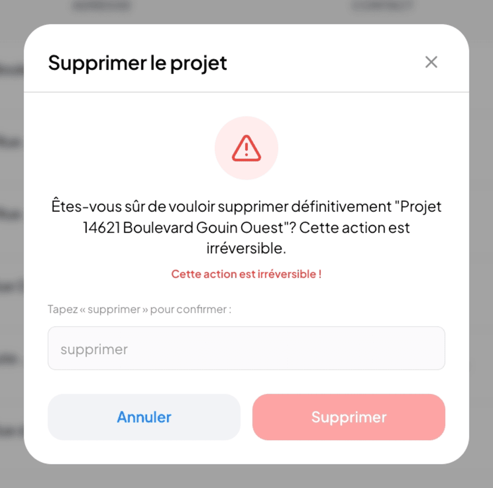 Project deletion confirmation modal