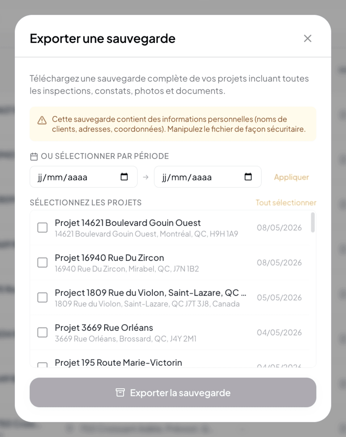 Export a backup modal with date filters and selectable project list