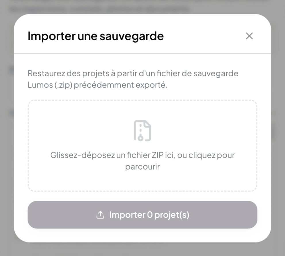Import a backup modal with drag-and-drop zone