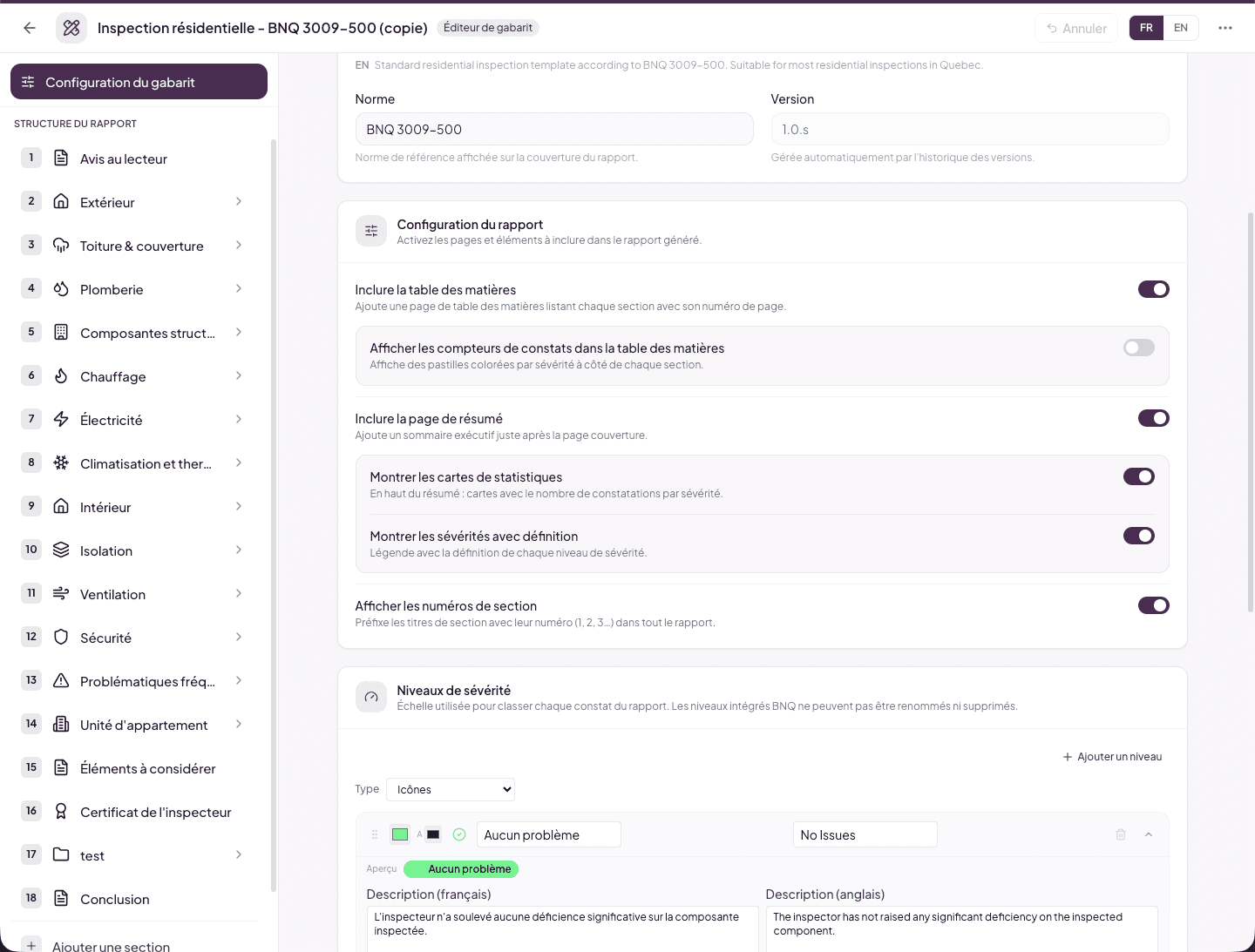 Report configuration card with its toggles and sub-options