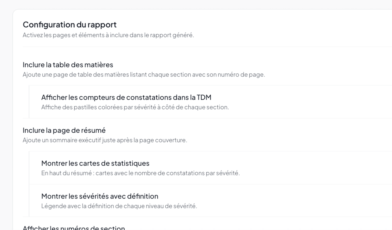 Report configuration block with its main toggles and sub-toggles