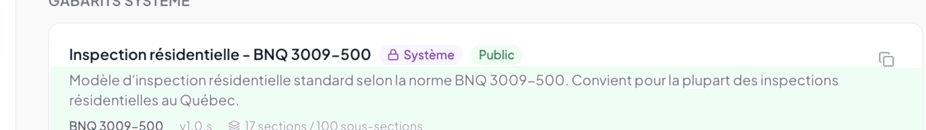 Carte du gabarit système BNQ 3009-500 avec ses chips et métadonnées