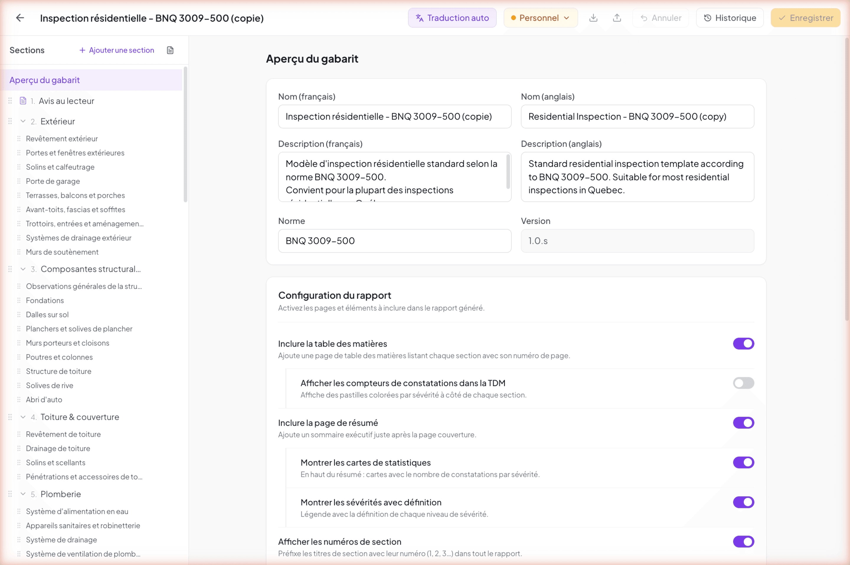 Template editor — full view with header, sidebar, and main view