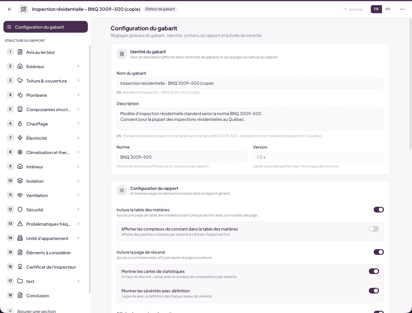Template configuration page — identity and report configuration