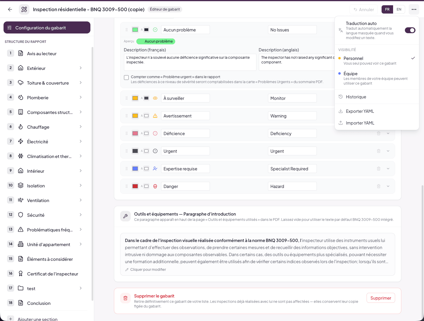 Header ⋯ menu with Auto-translate, Visibility, History