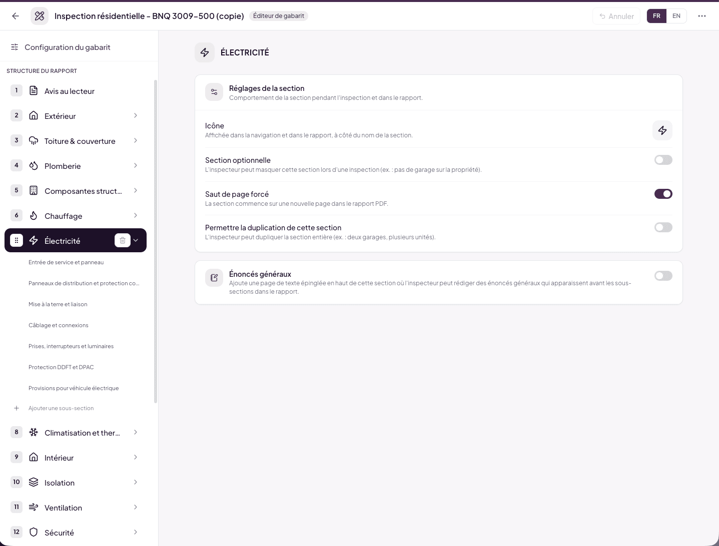 Section settings page — icon, behavior options, general statements