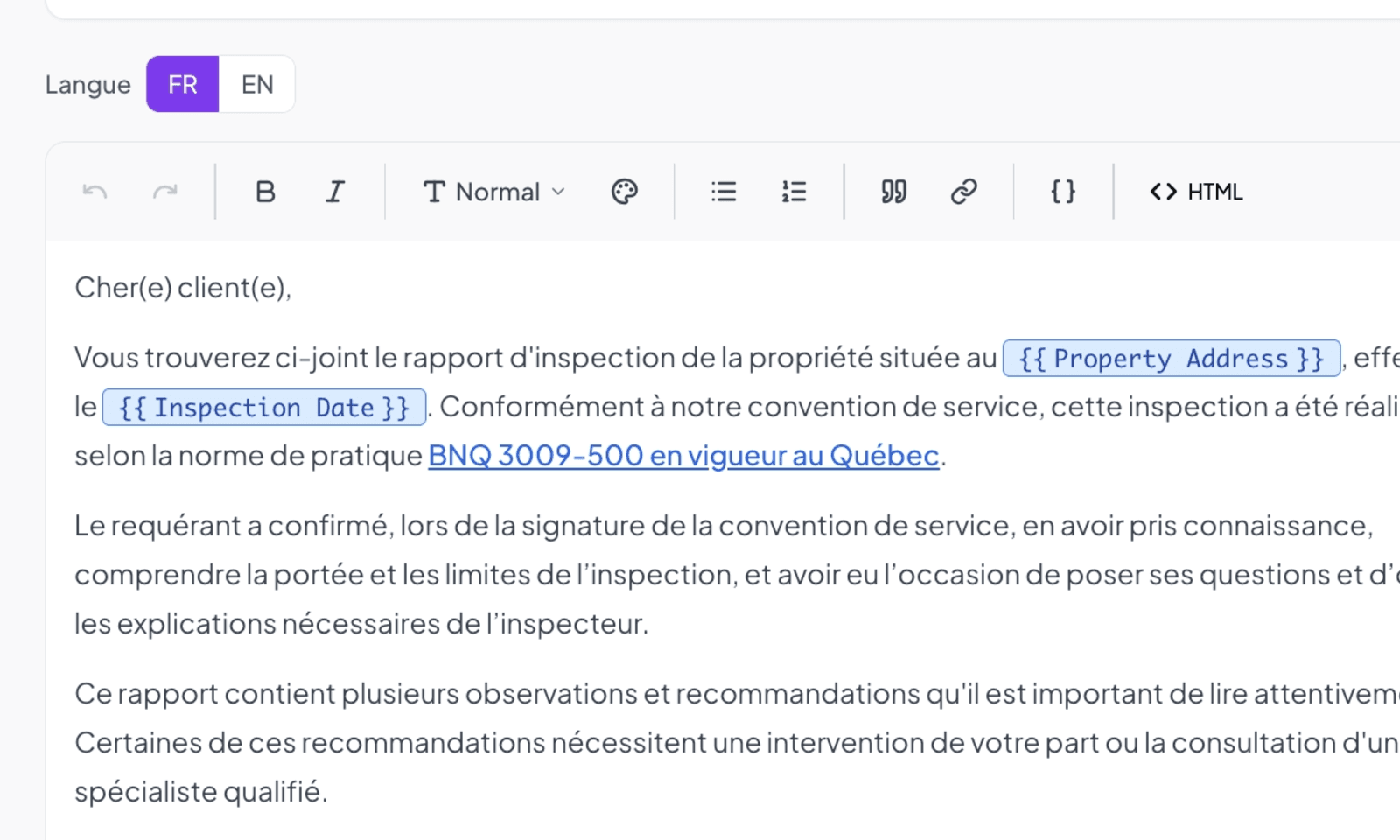 Narrative section editor with metadata, language toggle, and WYSIWYG zone