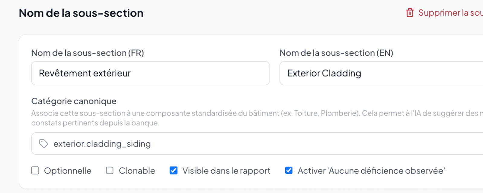 Sub-section editor — metadata block with FR/EN name, category, and checkboxes