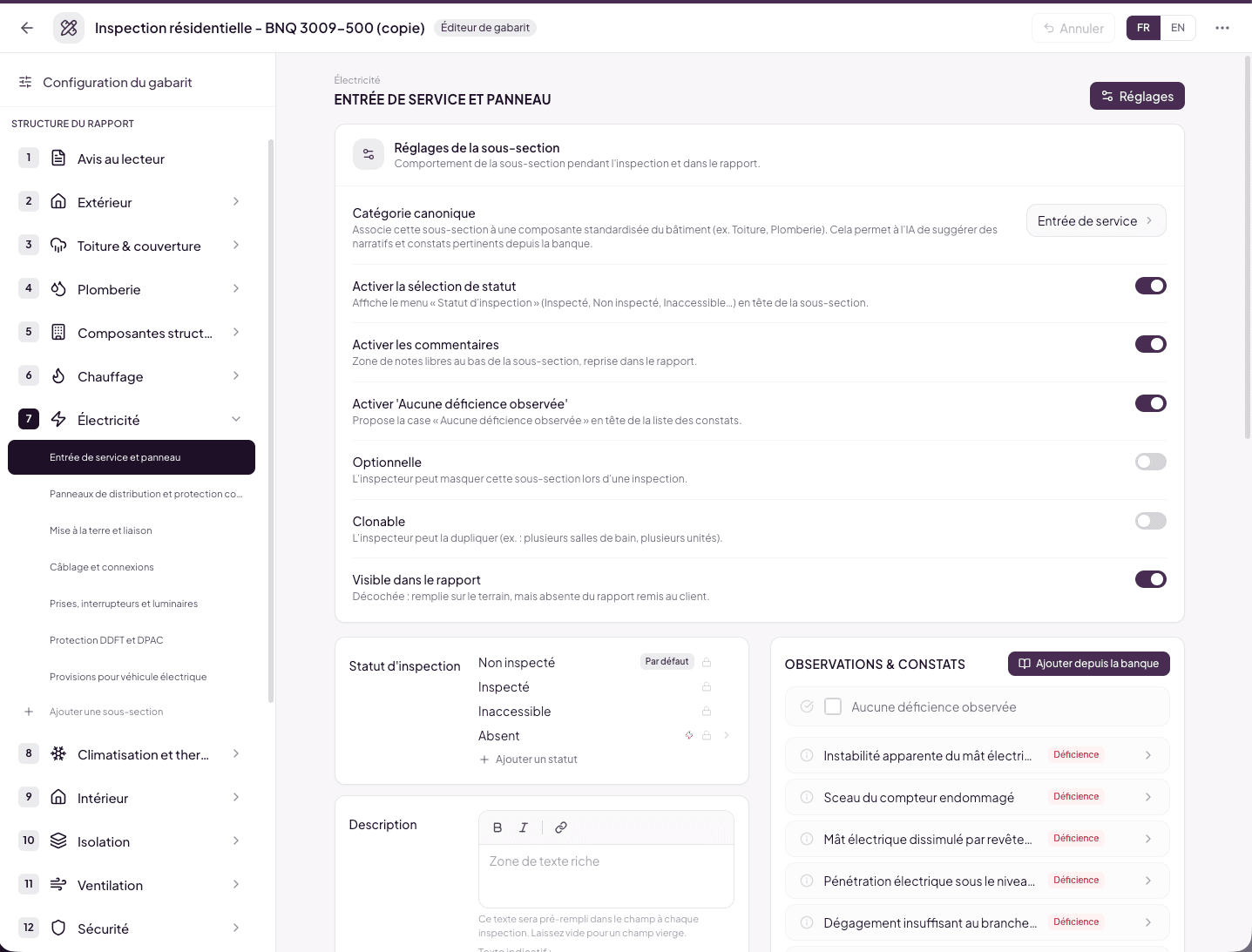 Sub-section settings panel with canonical category and behaviors