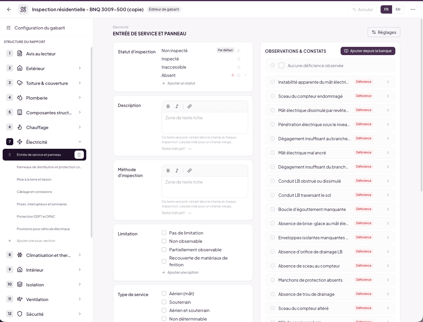 Sub-section view — status, elements, observations and findings