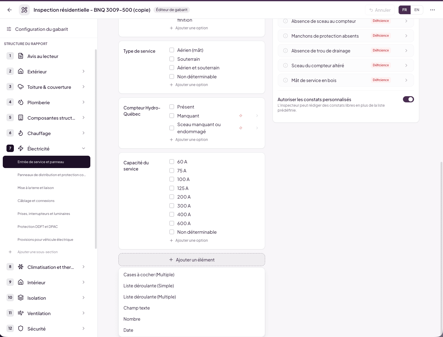 Add an element menu with the 6 types