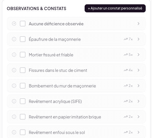 Preset findings list in an inspection, sorted by popularity, with each finding's use count (7×, 5×, 4×…)