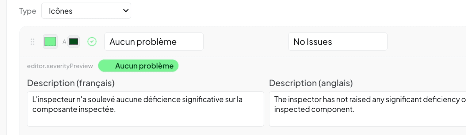 Severity level expanded with chip preview and FR/EN descriptions