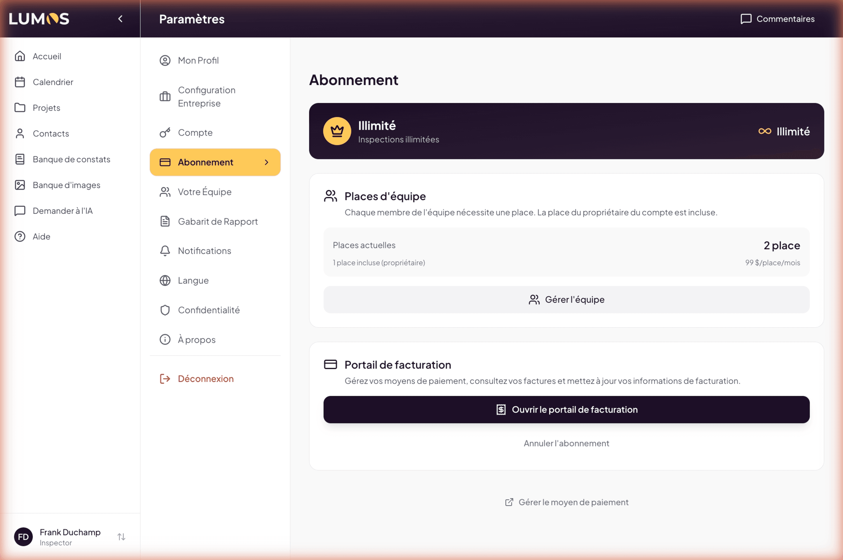 Subscription page with the 3 blocks (active plan, team seats, billing portal)