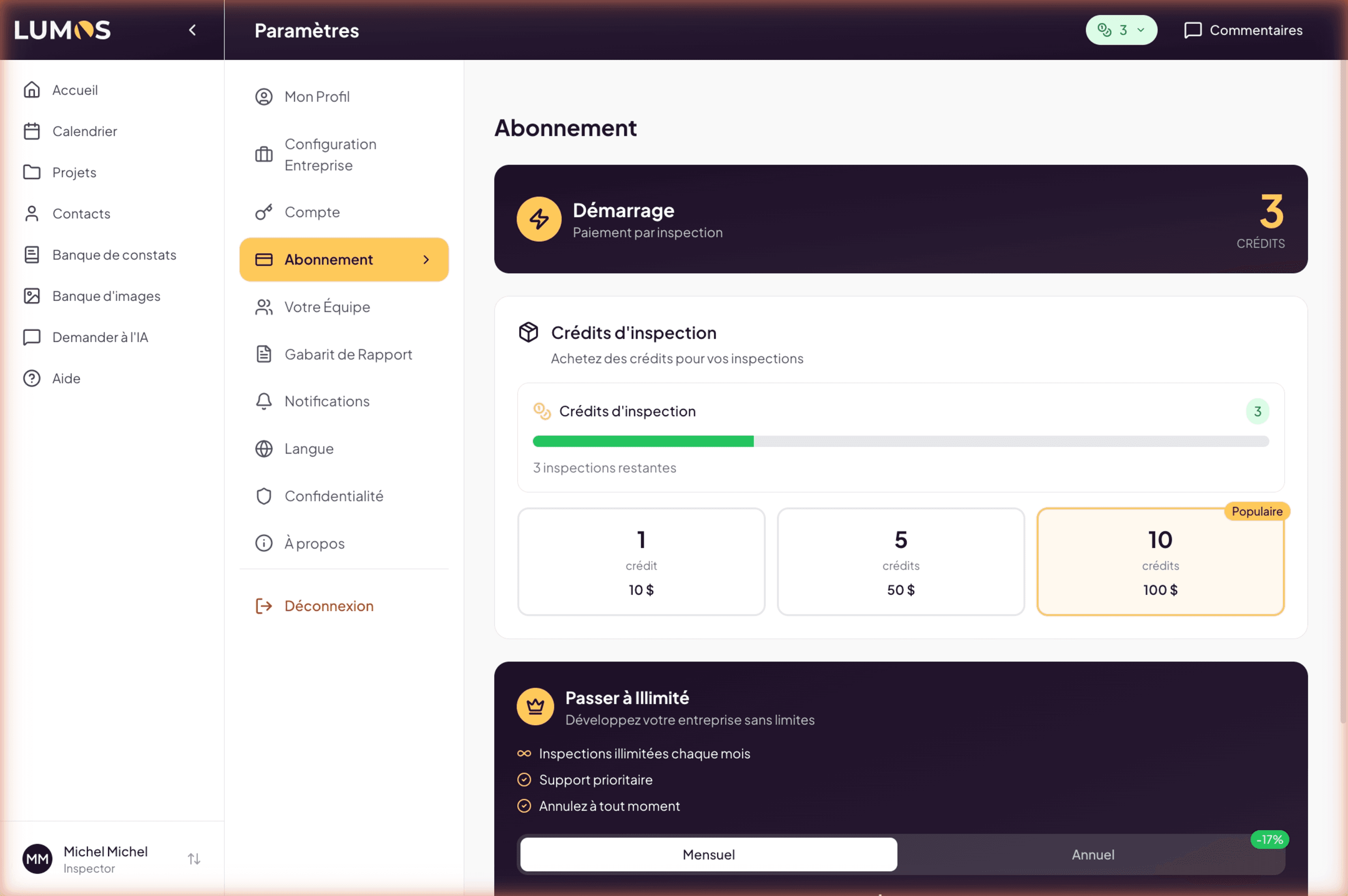 Subscription page on Starter plan with per-unit purchase options