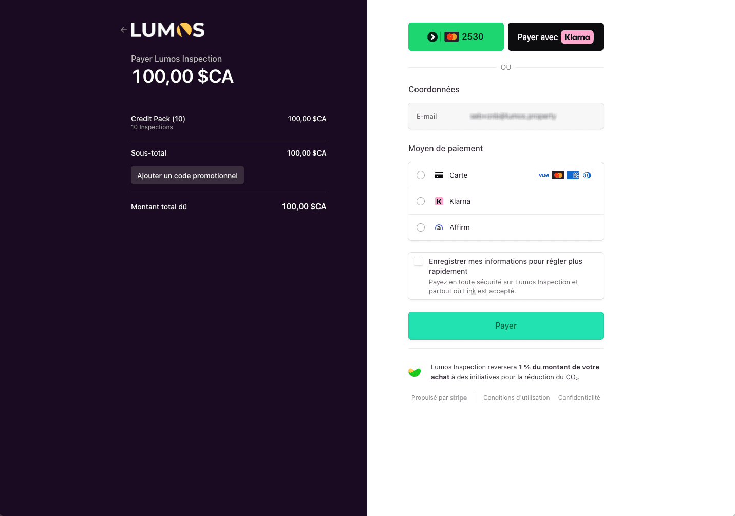Stripe Billing Portal opened with payment history and saved card