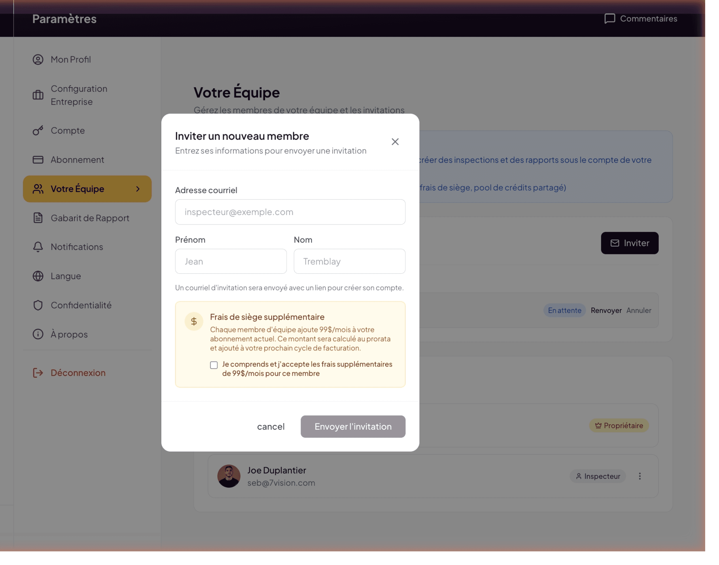 Invite a new member modal with fields and fee notice