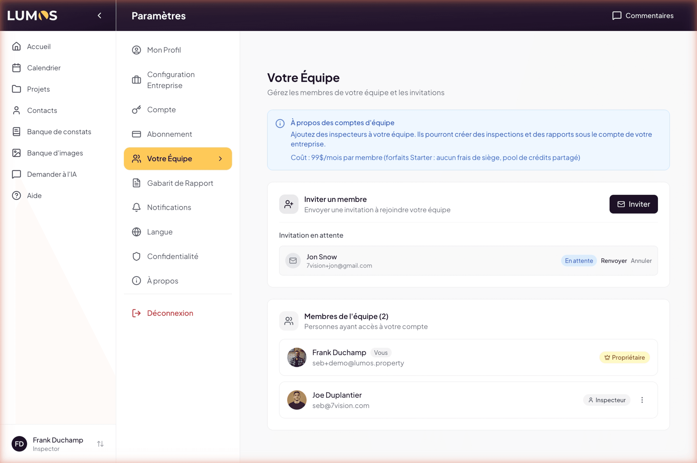 Your Team page with the Invite a member card, pending invitation, and the team members list